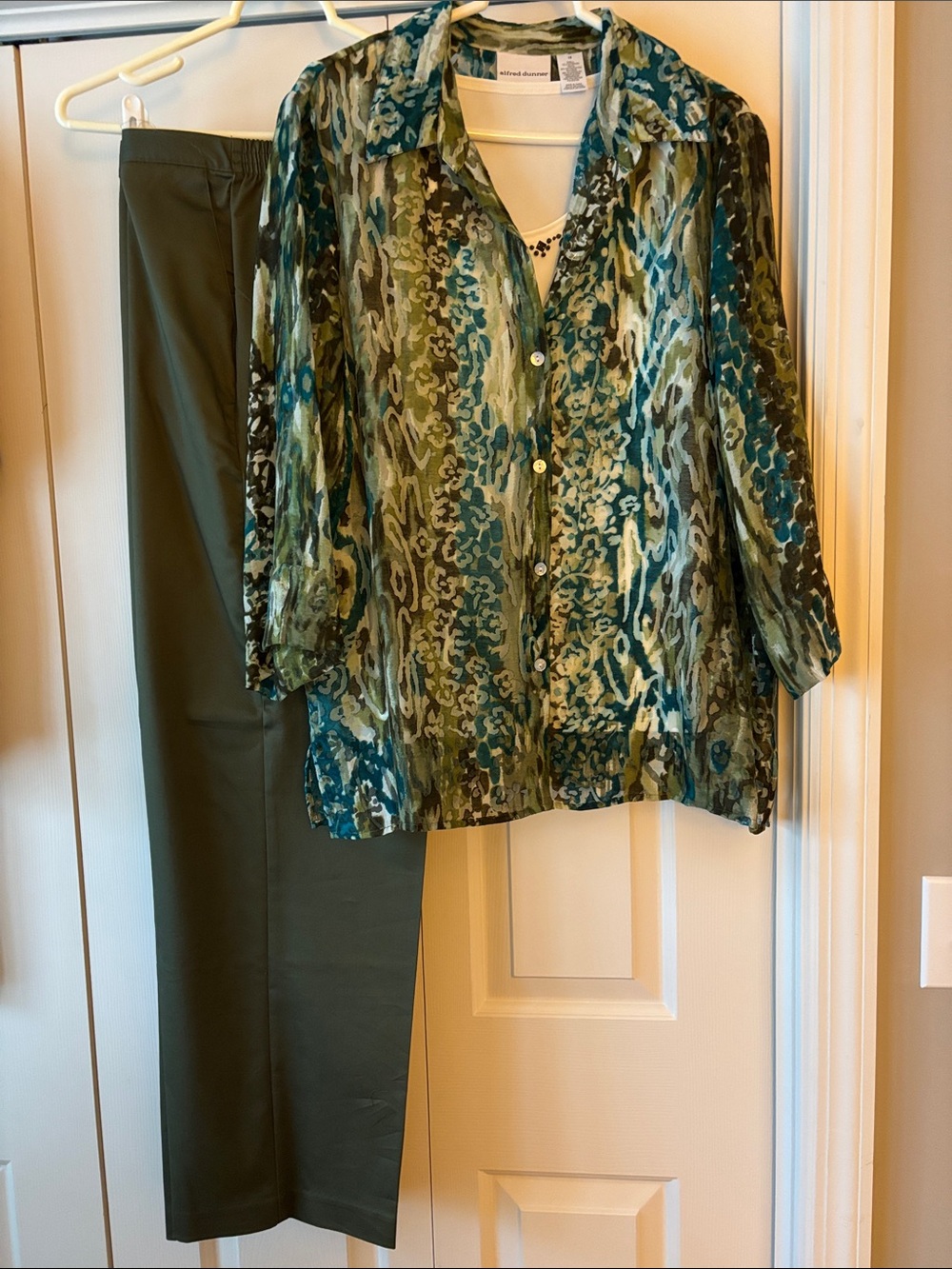Alfred Dunner Green/Brown/Teal Abstract Printed Blouse with Matching Olive Pants